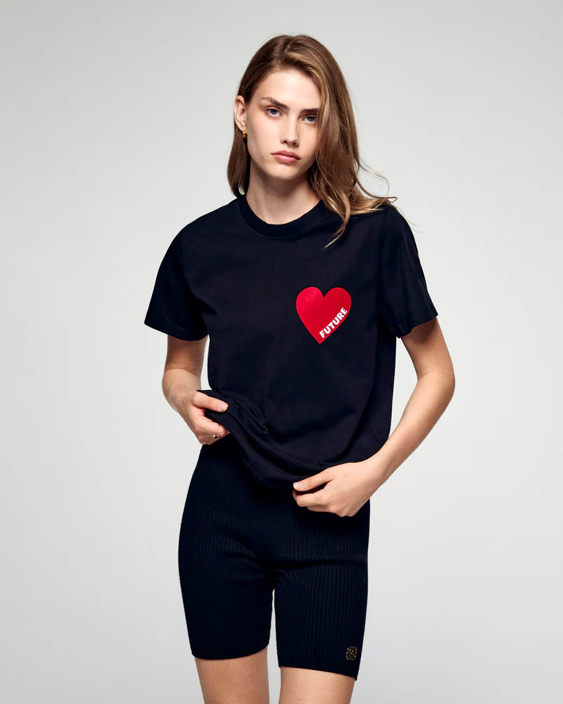 T-shirt Femme Col Rond Manches Courtes Cœur Noir