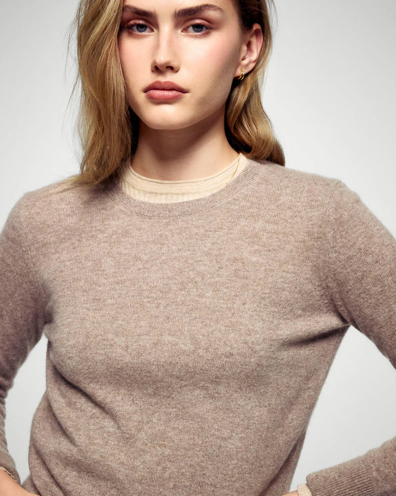 Pull Col Rond Femme Taupe Chiné