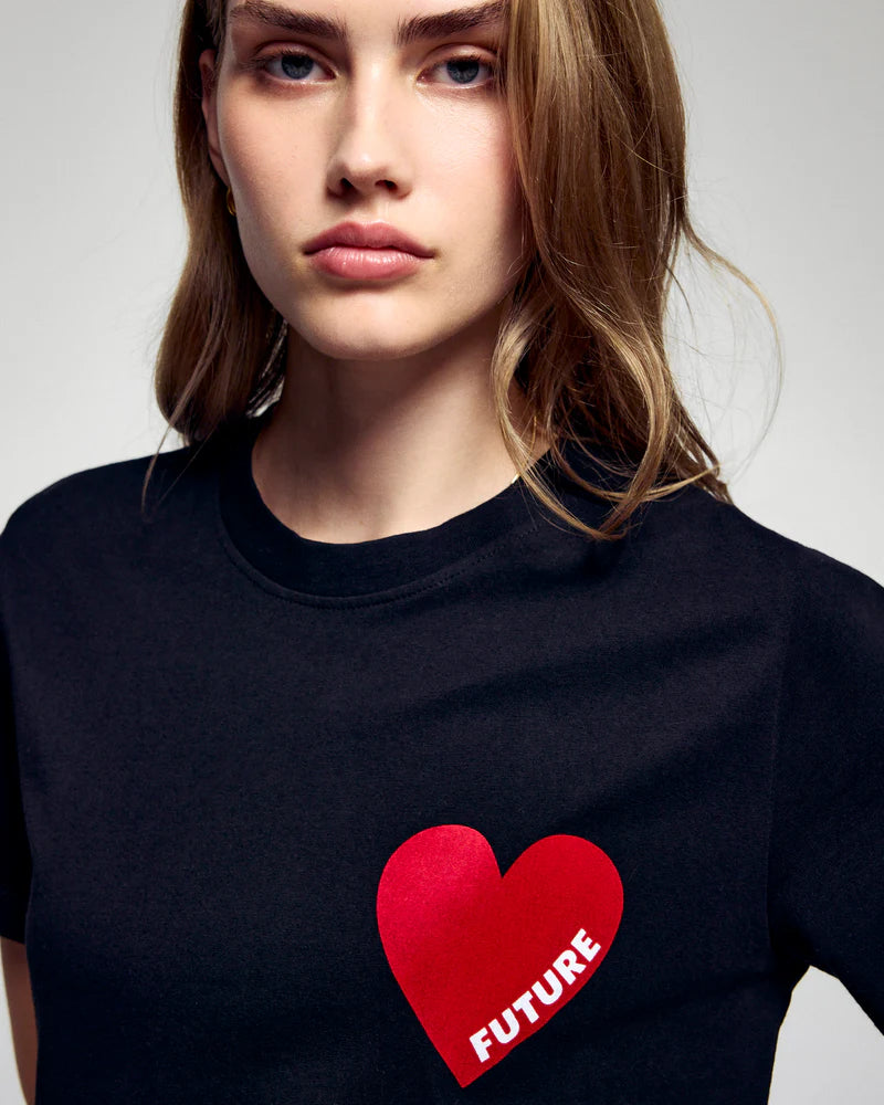 T-shirt Femme Col Rond Manches Courtes Cœur Noir