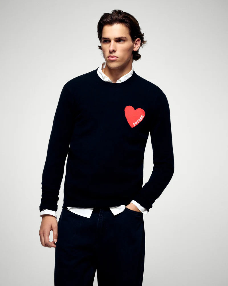 Pull Col Rond Noir Cœur  Homme