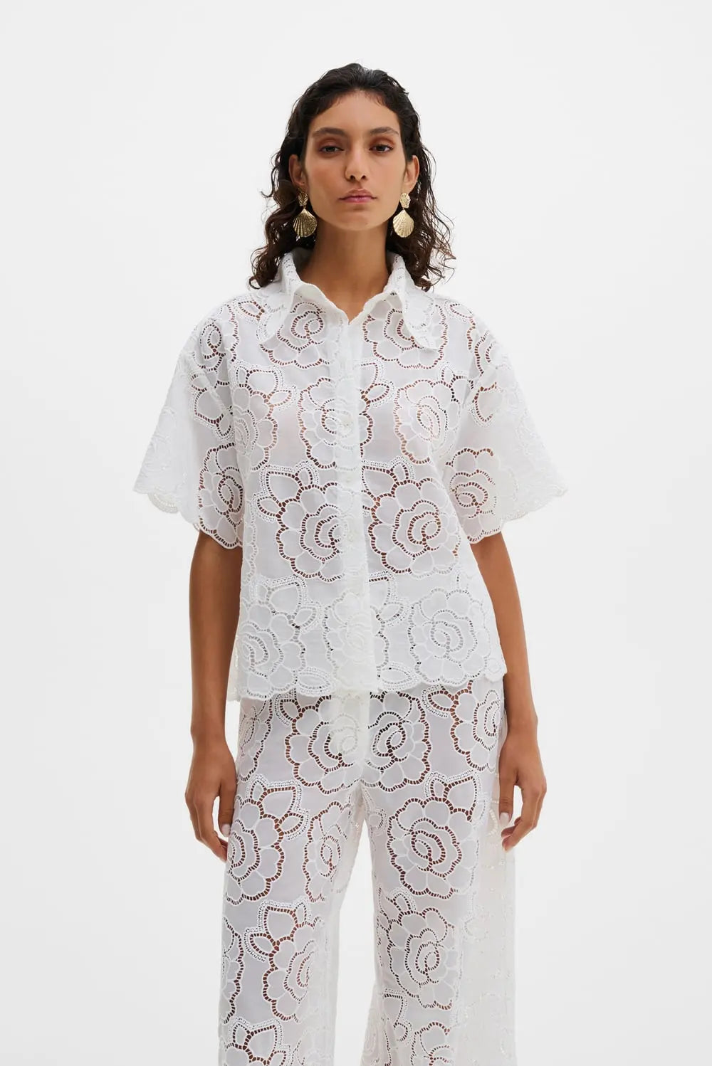 Claudia Short Sleeve Lace Shirt White