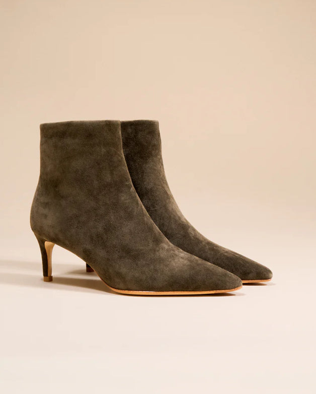 Bottines à Talon et bout pointu Noura Low Khaki Suede