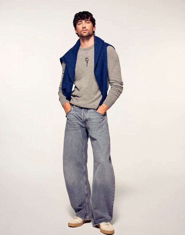 Pull Homme en Cachemire Col Rond Gris Chiné Foncé
