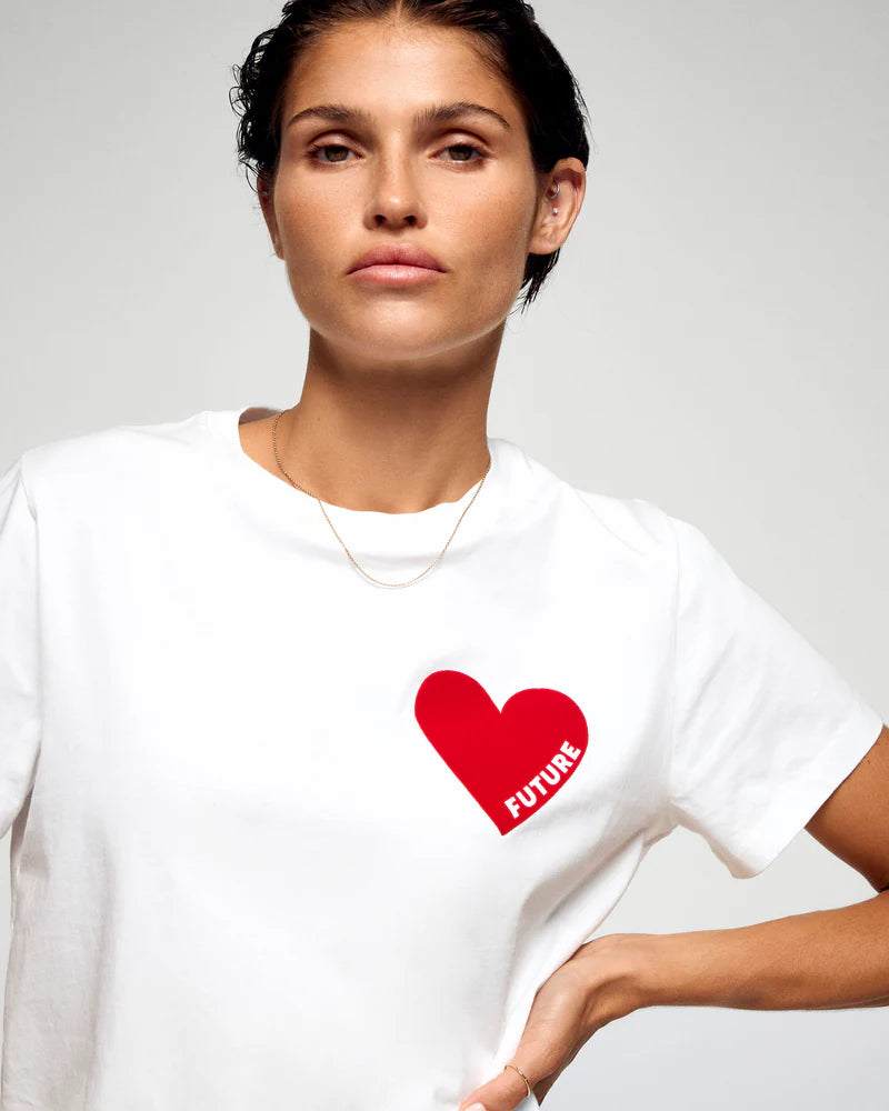 T-shirt Femme Col Rond Manches Courtes Cœur Blanc