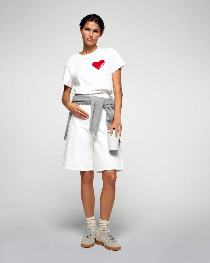 T-shirt Femme Col Rond Manches Courtes Cœur Blanc